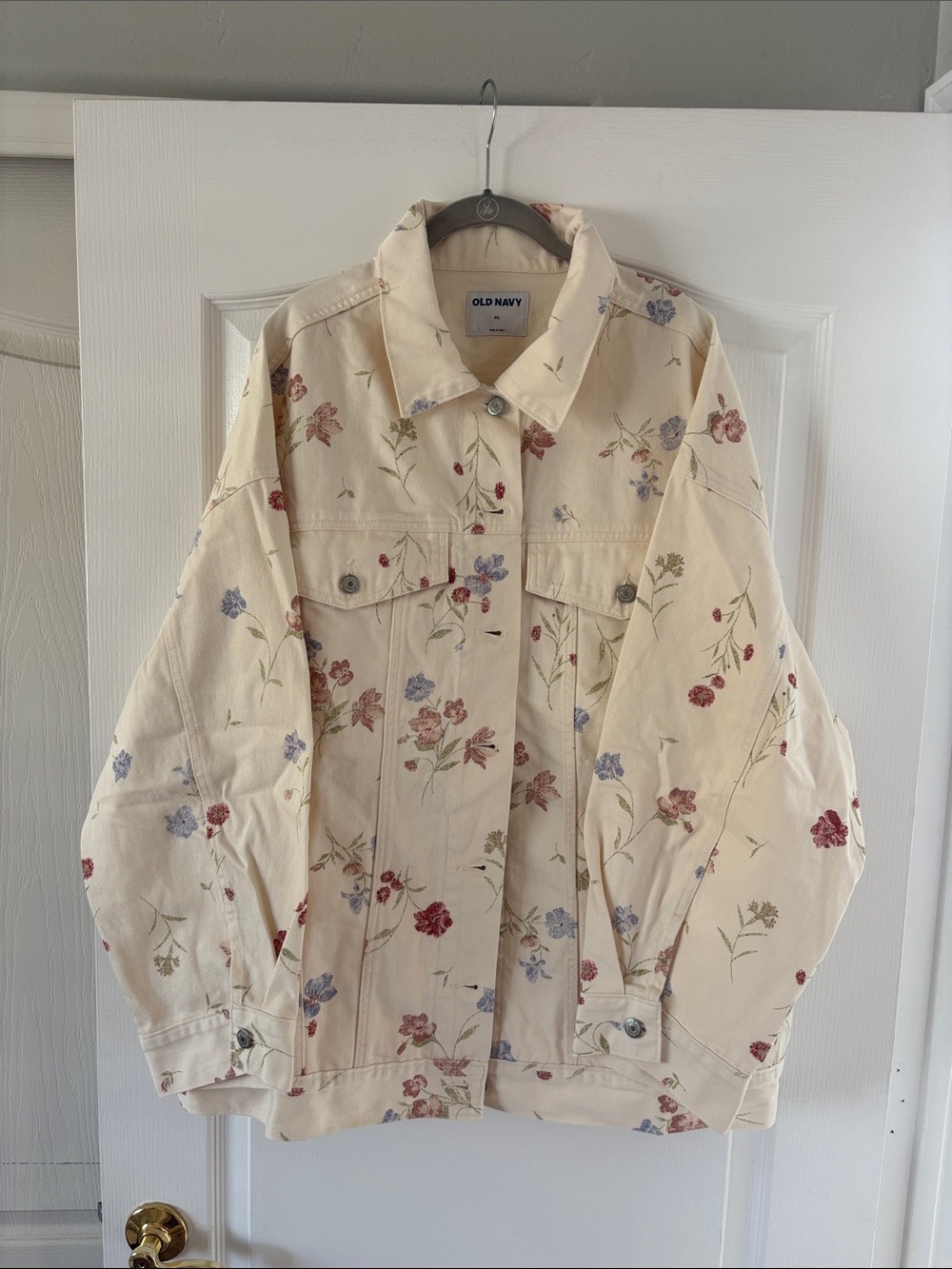 NWT Old Navy Cream Floral Trucker Oversized Jean Jacket SZ XL